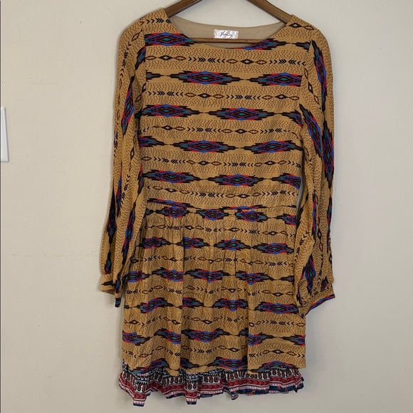 Freeway Dresses & Skirts - Freeway Mustard Yellow Aztec Print Mini Dress with Blue and Pink Accents